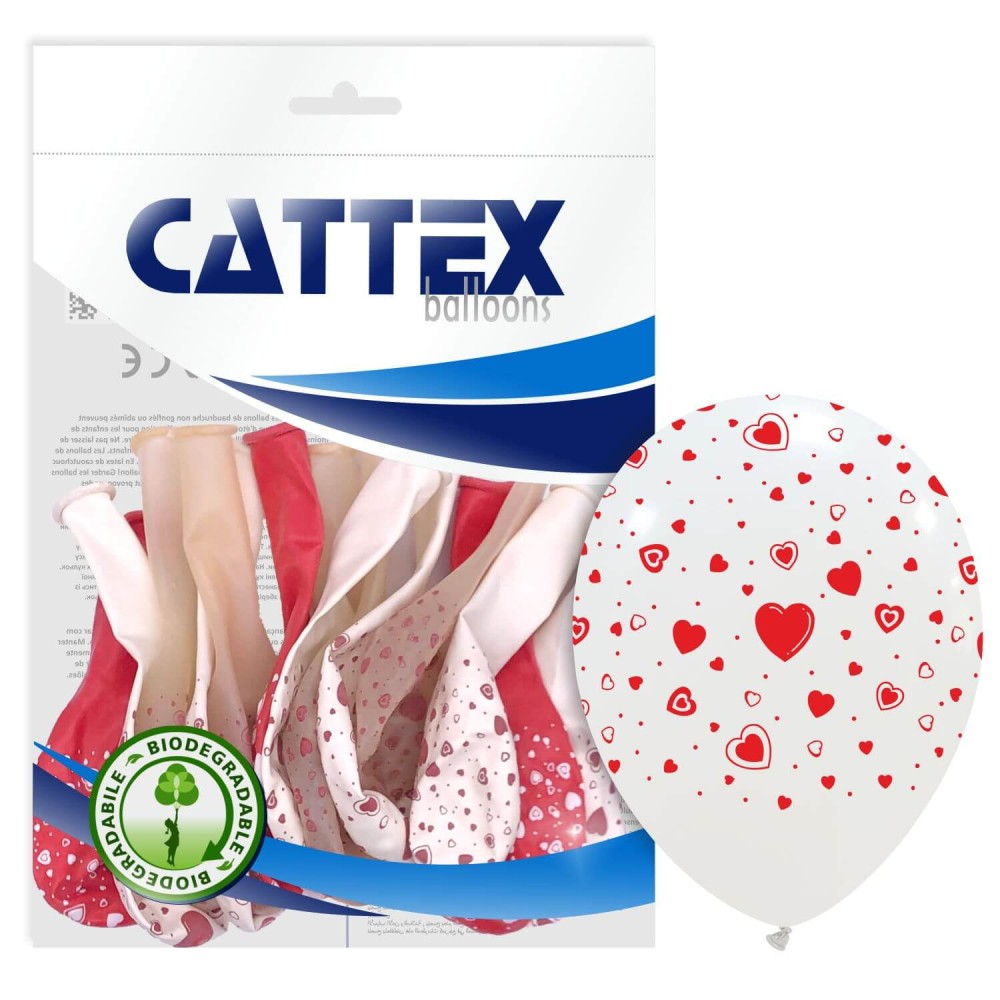 round balloon | CATTEX | 12'' | hearts white and red | 20 eaches
